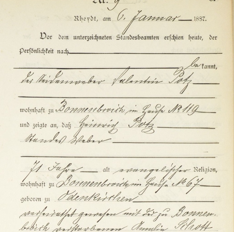 Handschriftlicher Sterbeeintrag aus dem Standesamt Rheydt von 1887