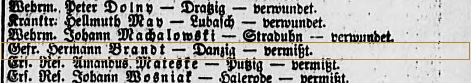 Ausschnitt aus der Deutschen Verlustliste vom 29. März 1915 in Frakturschrift; hervorgehoben die Zeile „Gefr. Hermann Brandt — Danzig — vermißt.“