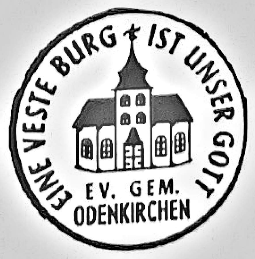 Rundes Siegel mit einer Kirche; Umschrift EINE VESTE BURG IST UNSER GOTT, darunter EV. GEM. ODENKIRCHEN