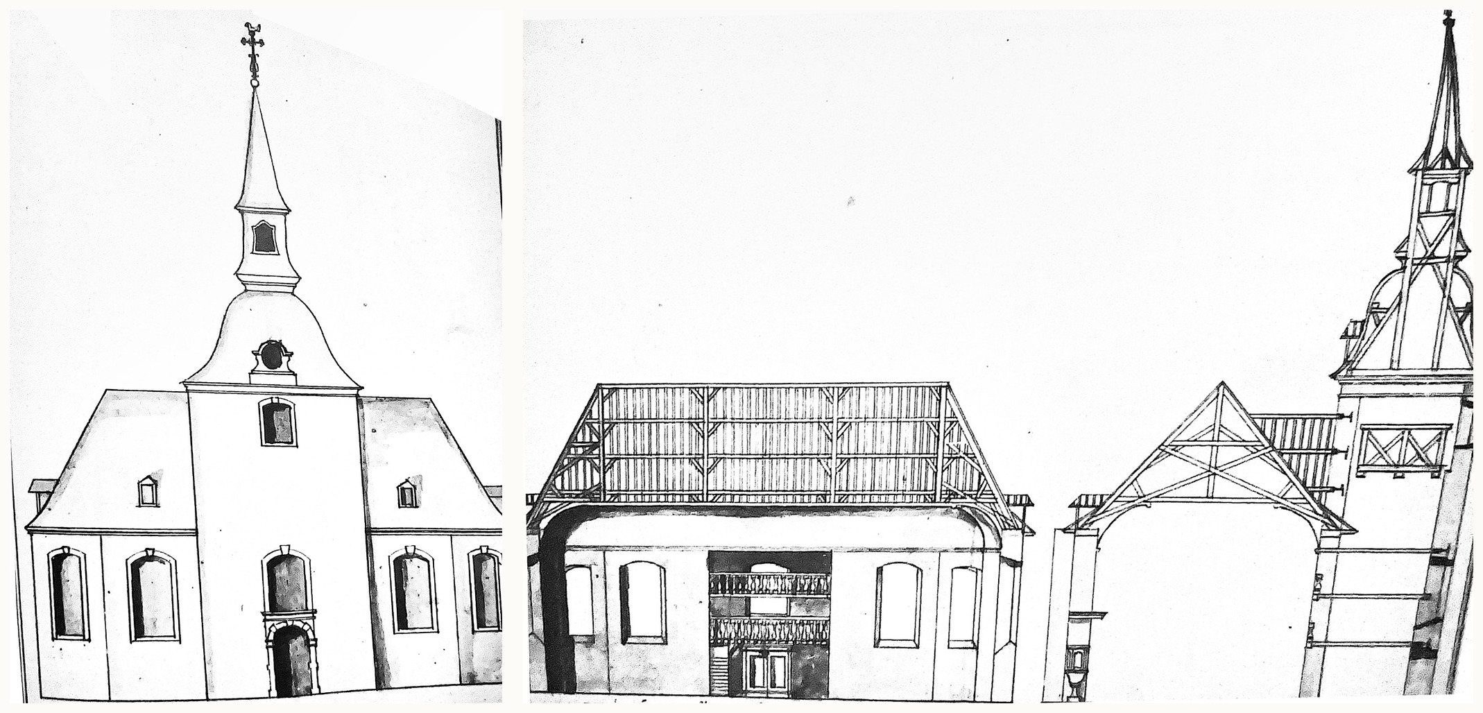 Zwei Bauzeichnungen von 1754: links die Vorderansicht der Kirche mit Turm und Haube, rechts der Schnitt durch Kirchenraum und Turm mit Kanzel und Galerien