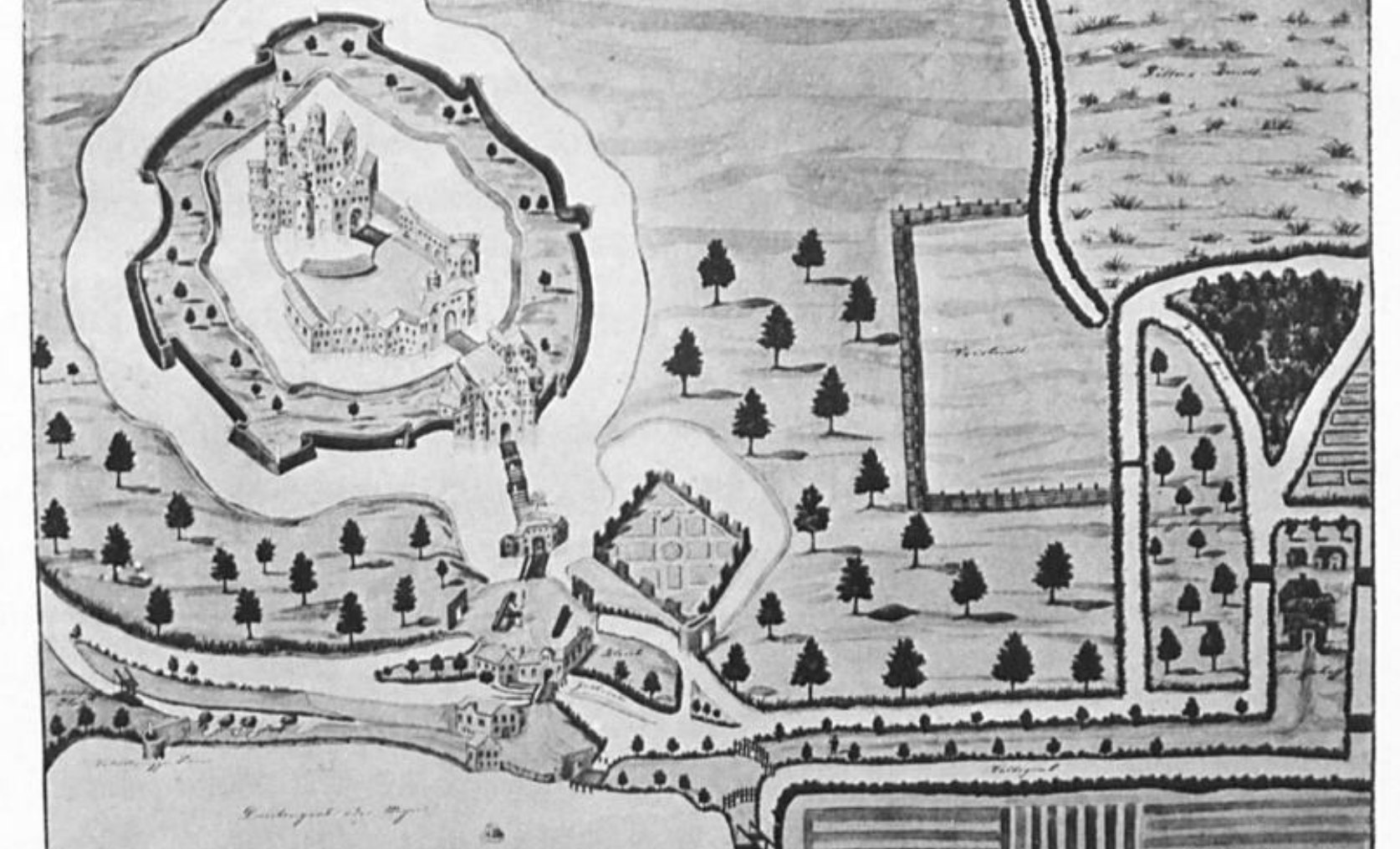 Vogelschauplan von Schloss Rheydt aus dem Jahr 1594 mit Wällen, Gräben und Zugbrücke