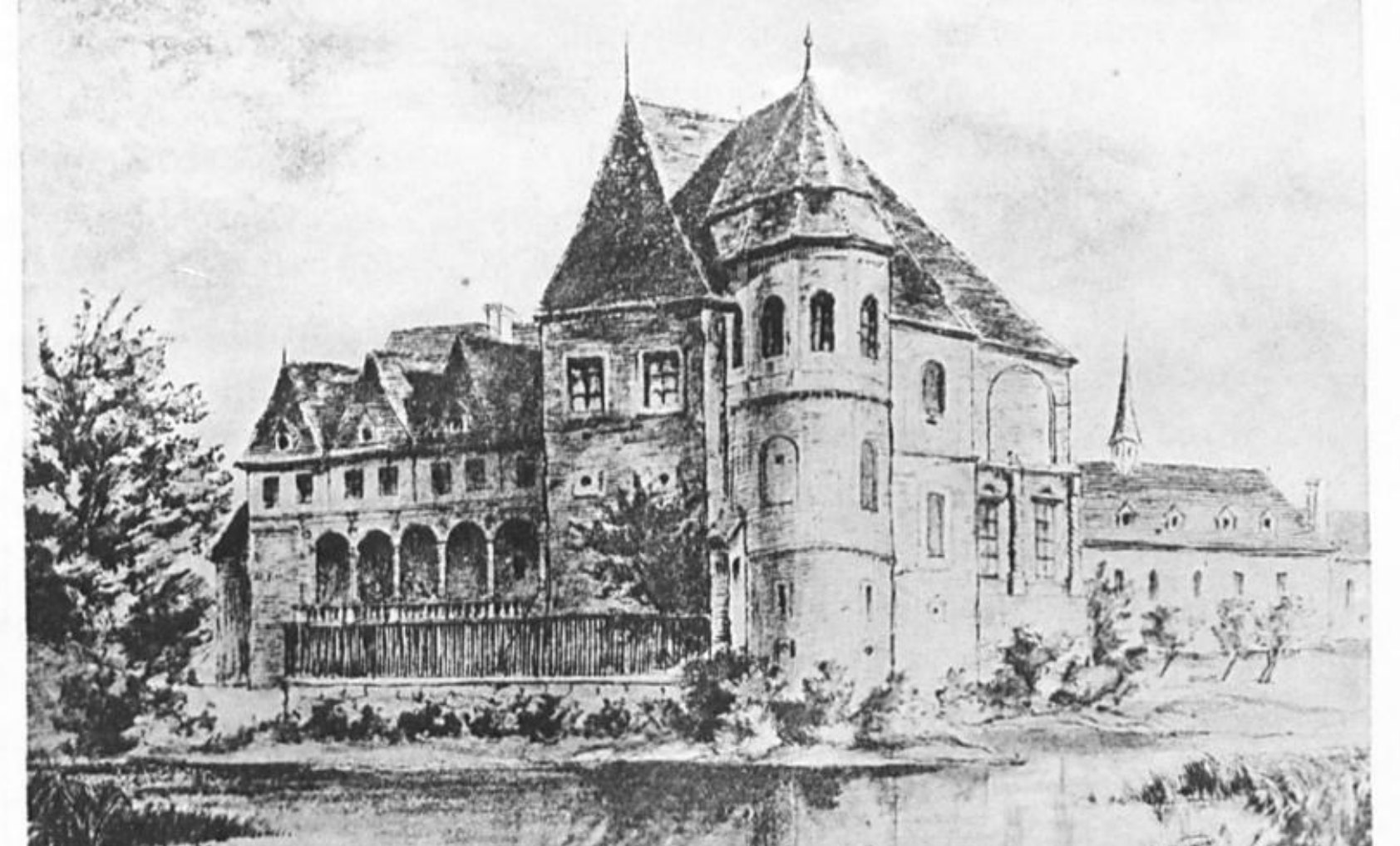 Ansicht von Schloss Rheydt um 1645 nach einer Skizze im Besitz der Familie Bylandt