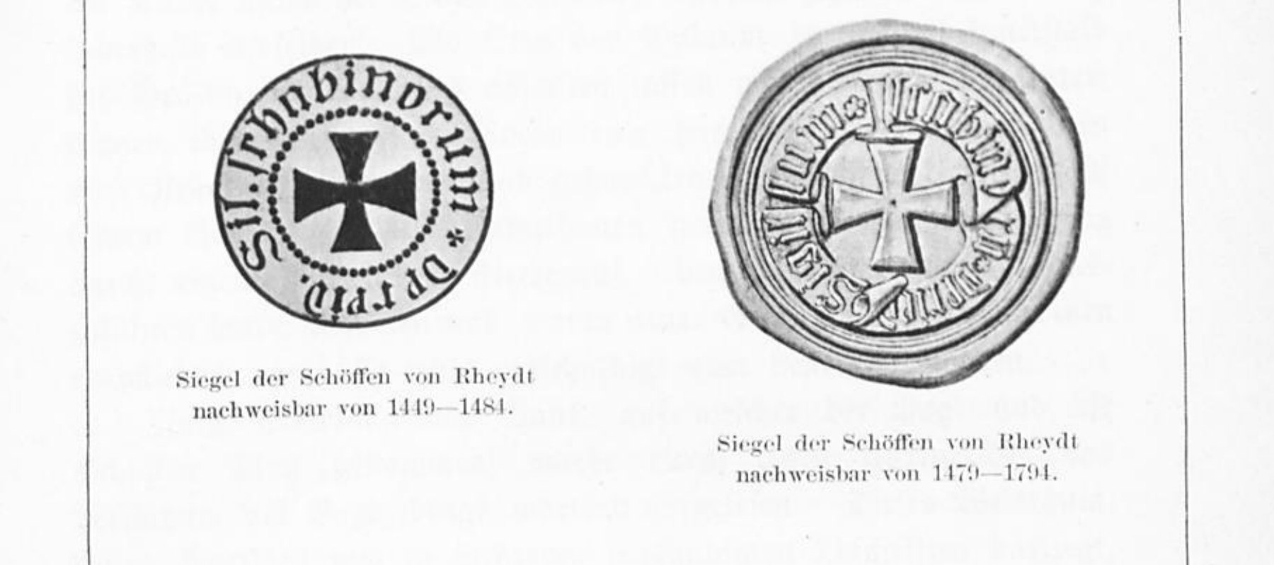 Zwei Siegel der Schöffen von Rheydt, nachweisbar 1449–1484 und 1479–1794