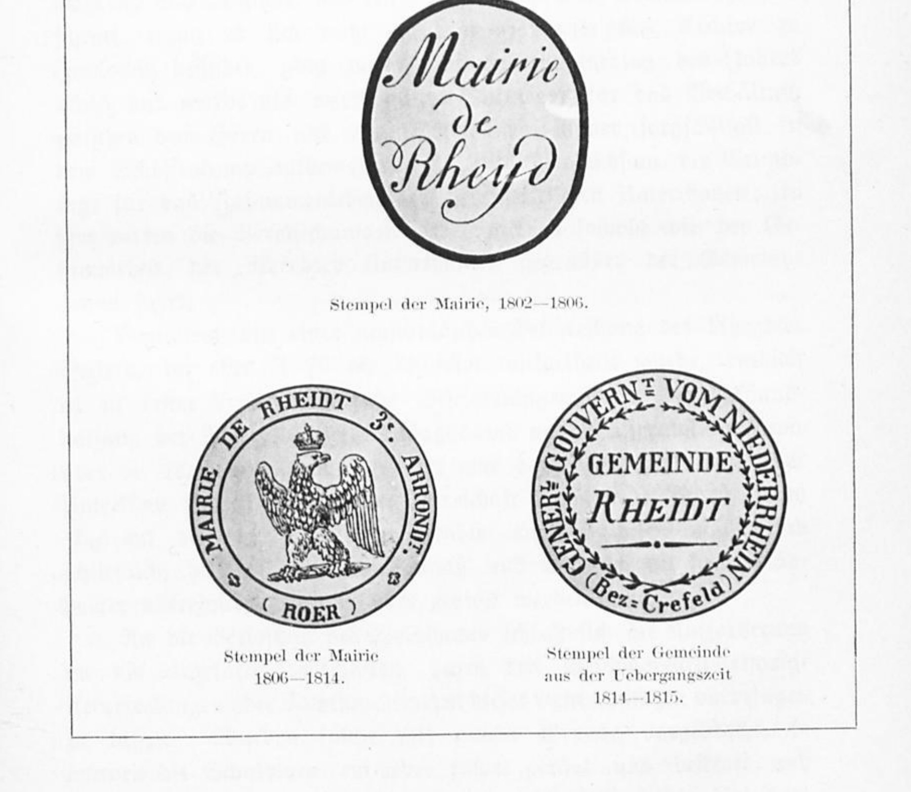 Stempel der Mairie de Rheyd 1802–1806, der Mairie 1806–1814 und der Gemeinde Rheidt 1814–1815