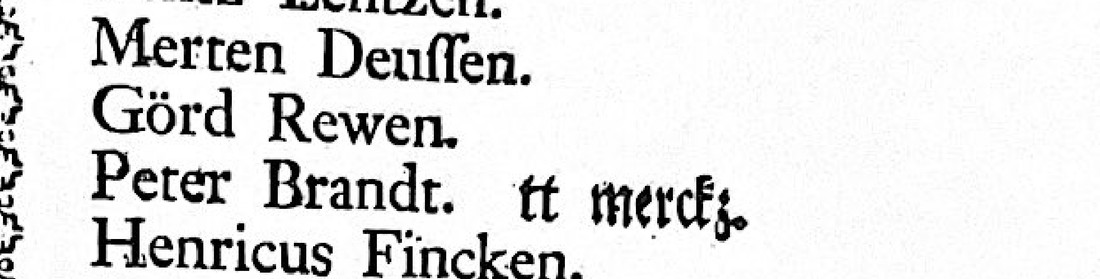 Ausschnitt aus der gedruckten Unterschriftenliste von 1755 in Fraktur; die dritte Zeile lautet „Peter Brandt. tt merckz.“