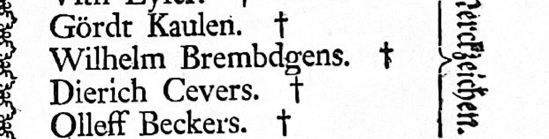 Ausschnitt aus der gedruckten Unterschriftenliste von 1755; die zweite Zeile lautet „Wilhelm Brembdgens. †“